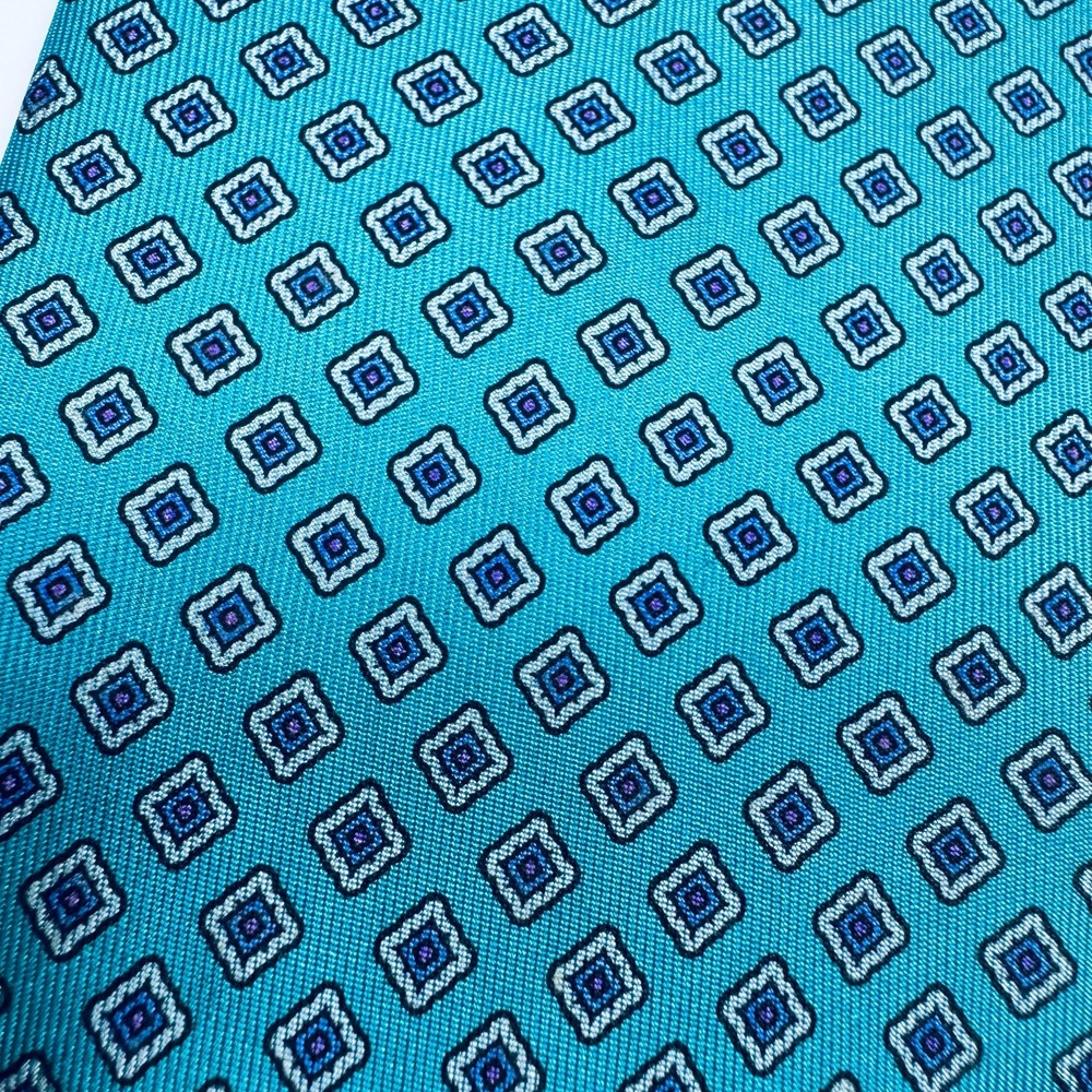 Oakton Ltd Mens Silk Tie Blue Turquoise Geometric Italian Necktie Classic Preppy - Picture 3 of 8